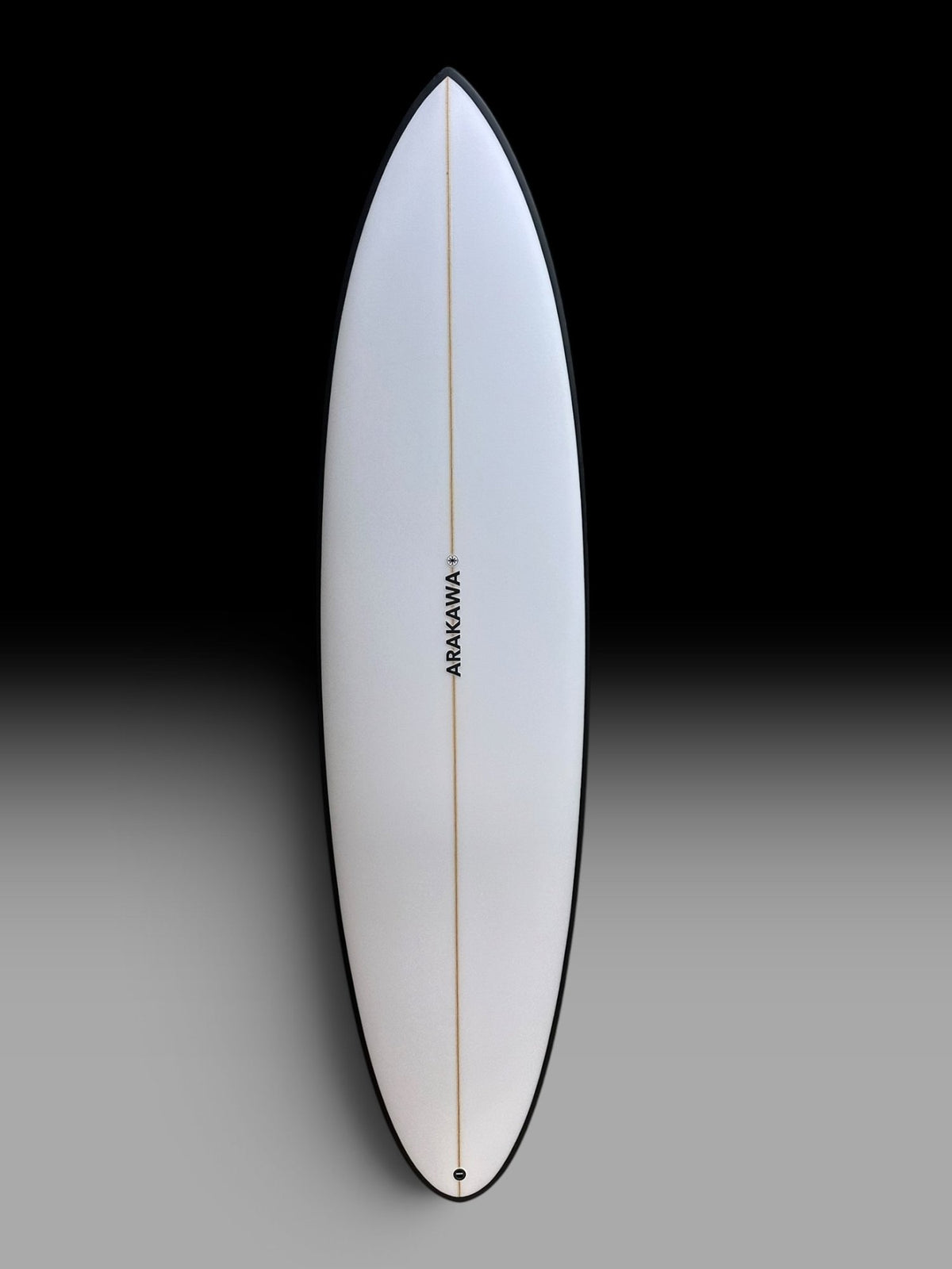 Arakawa Holy Moli 6'10 surfboard – deck view, black rail outline