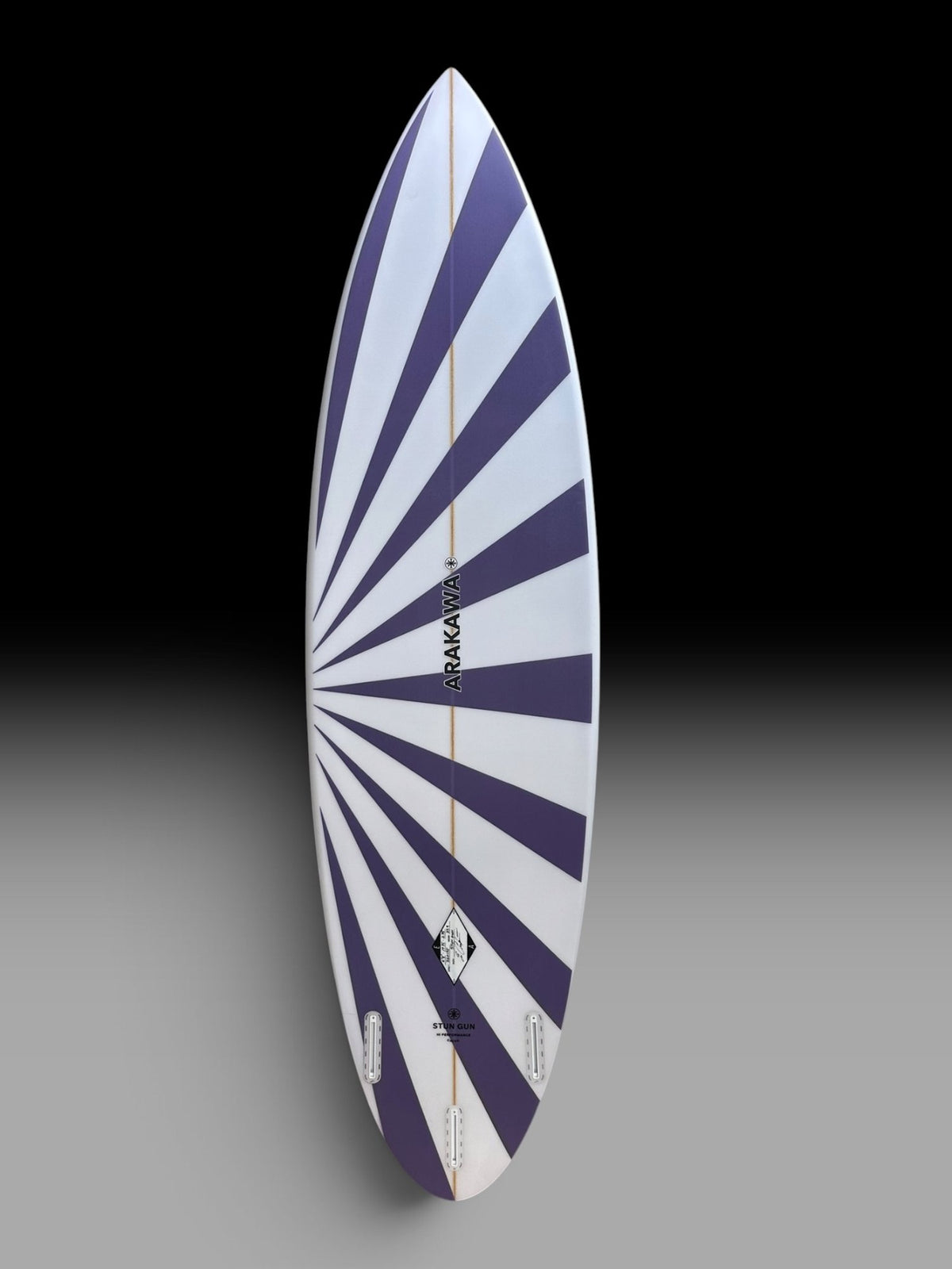 Arakawa Stun Gun 6'8 surfboard – bottom view, purple sunburst spray
