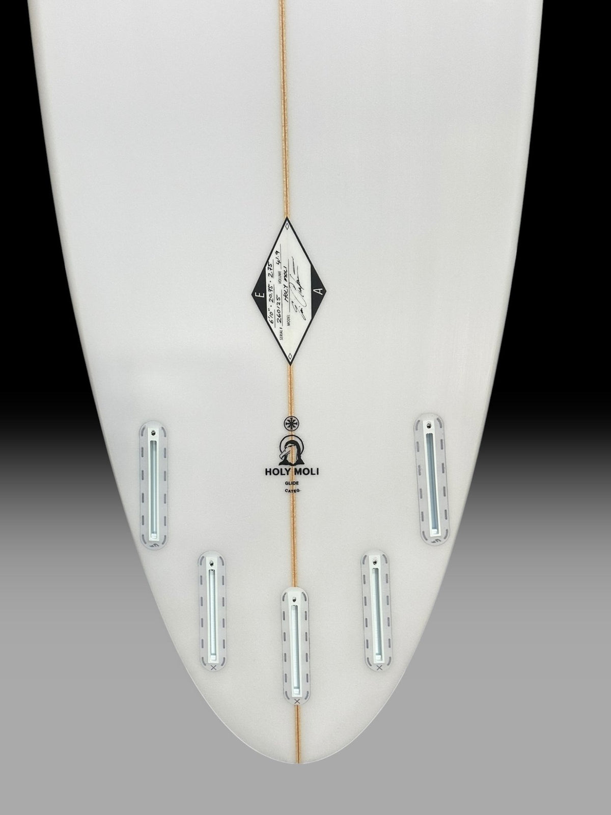 Arakawa Holy Moli 6'10 surfboard – tail and fin boxes close-up