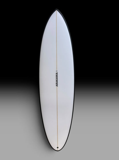 Arakawa Holy Moli 6'6 surfboard – deck view, black rail outline