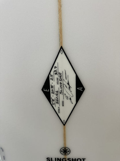 Arakawa Slingshot 5'8 surfboard – dimensions stamp (length, width, thickness, volume)