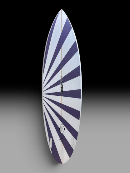Arakawa Stun Gun 6'8 surfboard – bottom view, purple sunburst spray